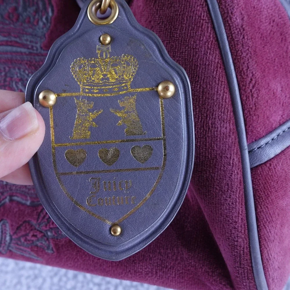 Juicy Couture Velour Bowler Bag Purple Grey Leather Trim Vintage Y2K Crest